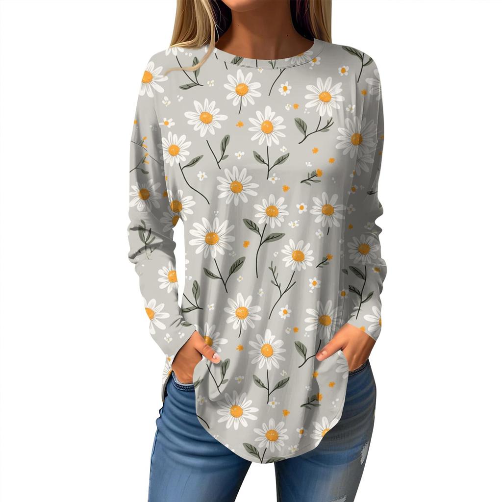 Women's Loose Casual Printed Round Neck Long Sleeved T Shirt Top Pullover Long Sleeved Sweatshirt