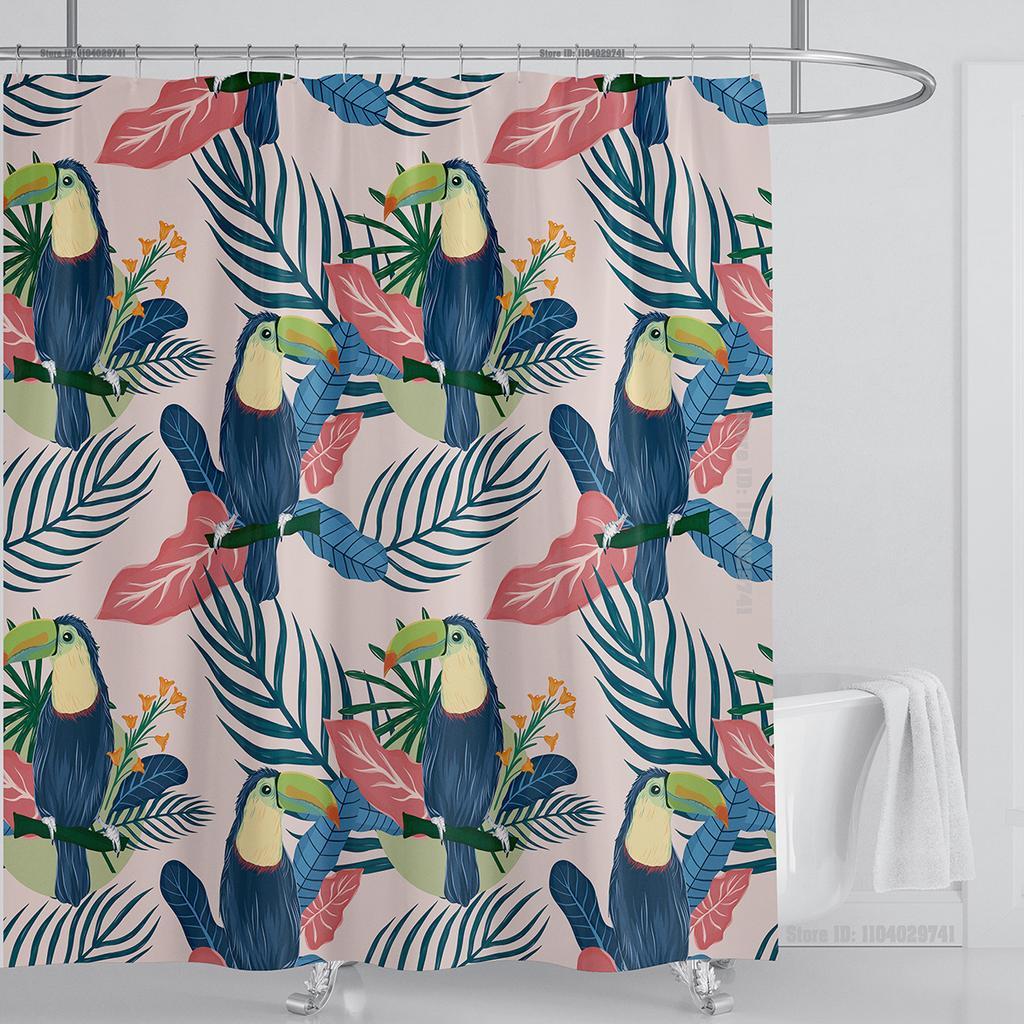Bohemian Shower Curtain Tropical Jungle Wildlife Bathroom Set Modern Pink Aesthetic Parrot Floral Bathroom Curtain With Hooks