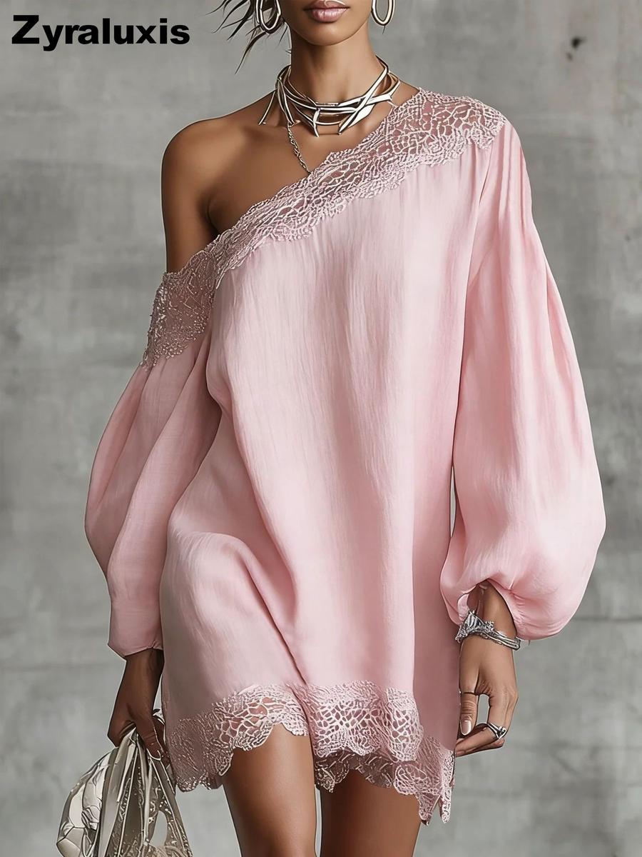 Bestselling Women s Summer New Arrivals Pure Color Lace Trim One-Shoulder Long Sleeve Casual Shoulder Strap Top S