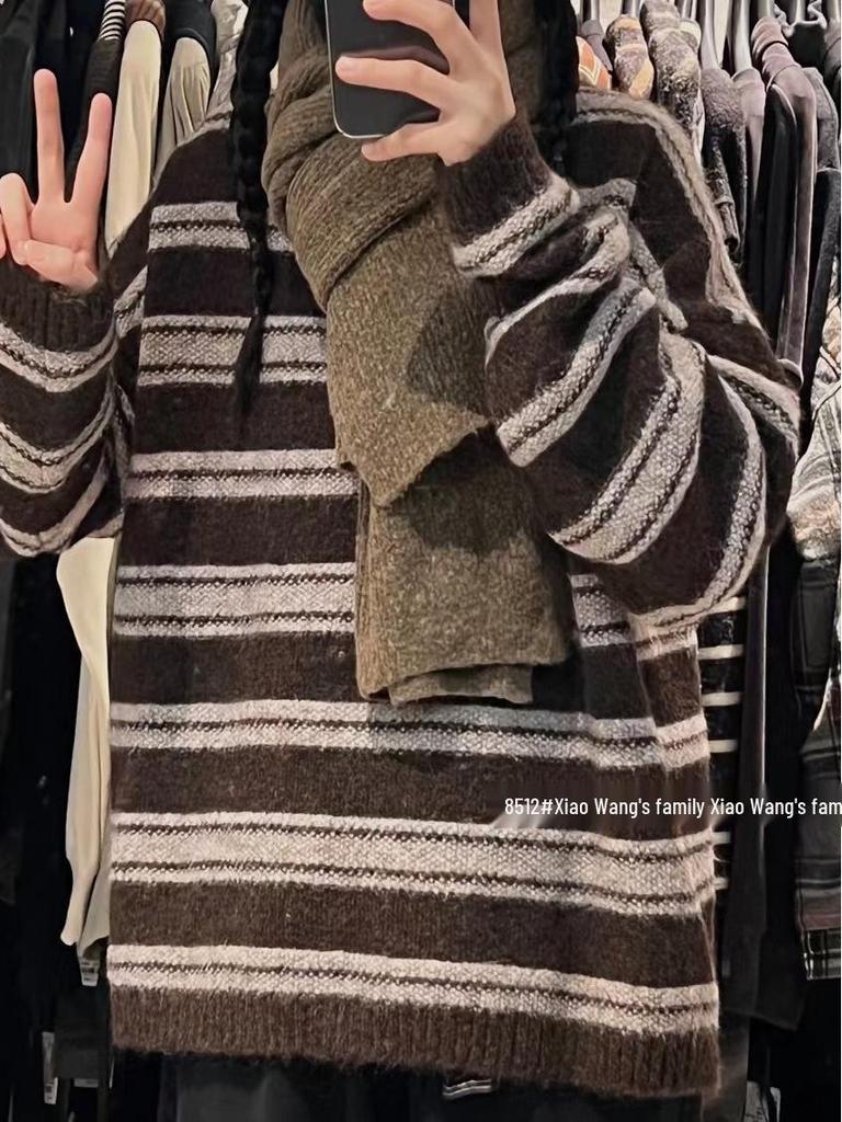 Xiao Wang's 8512 Winter Korean Style Plus Size Striped Pullover Sweater