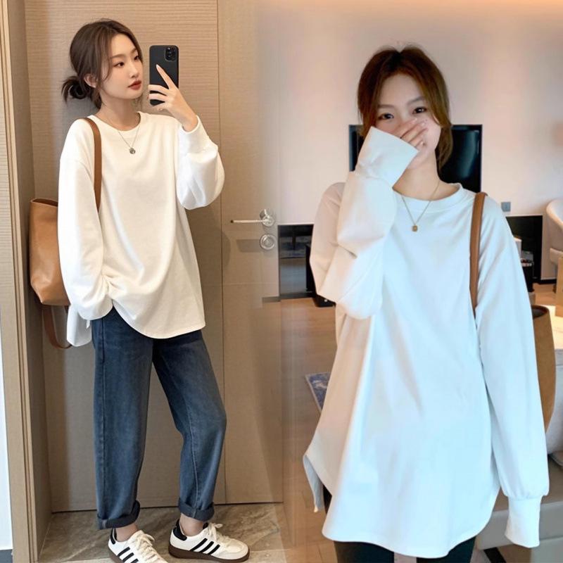 2025 Koreanischer Stil Hellgraues Umstandsschweißshirt & Haifischhosen-Set mit Rundhalsausschnitt