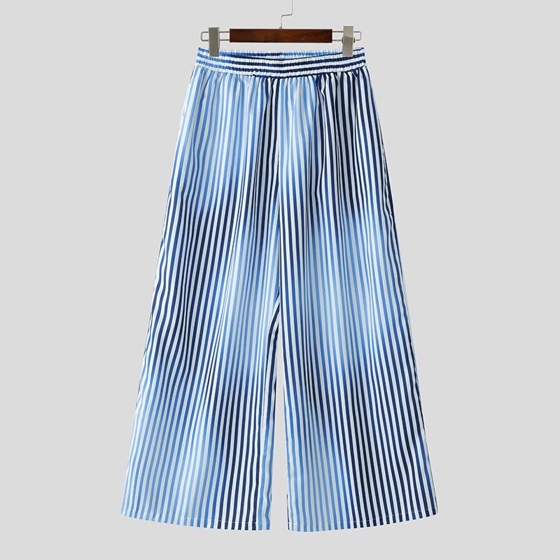 

INCERUN мужские эластичные талии полосатый принт повседневные свободные длинные широкие брюки брюки 4XL синий