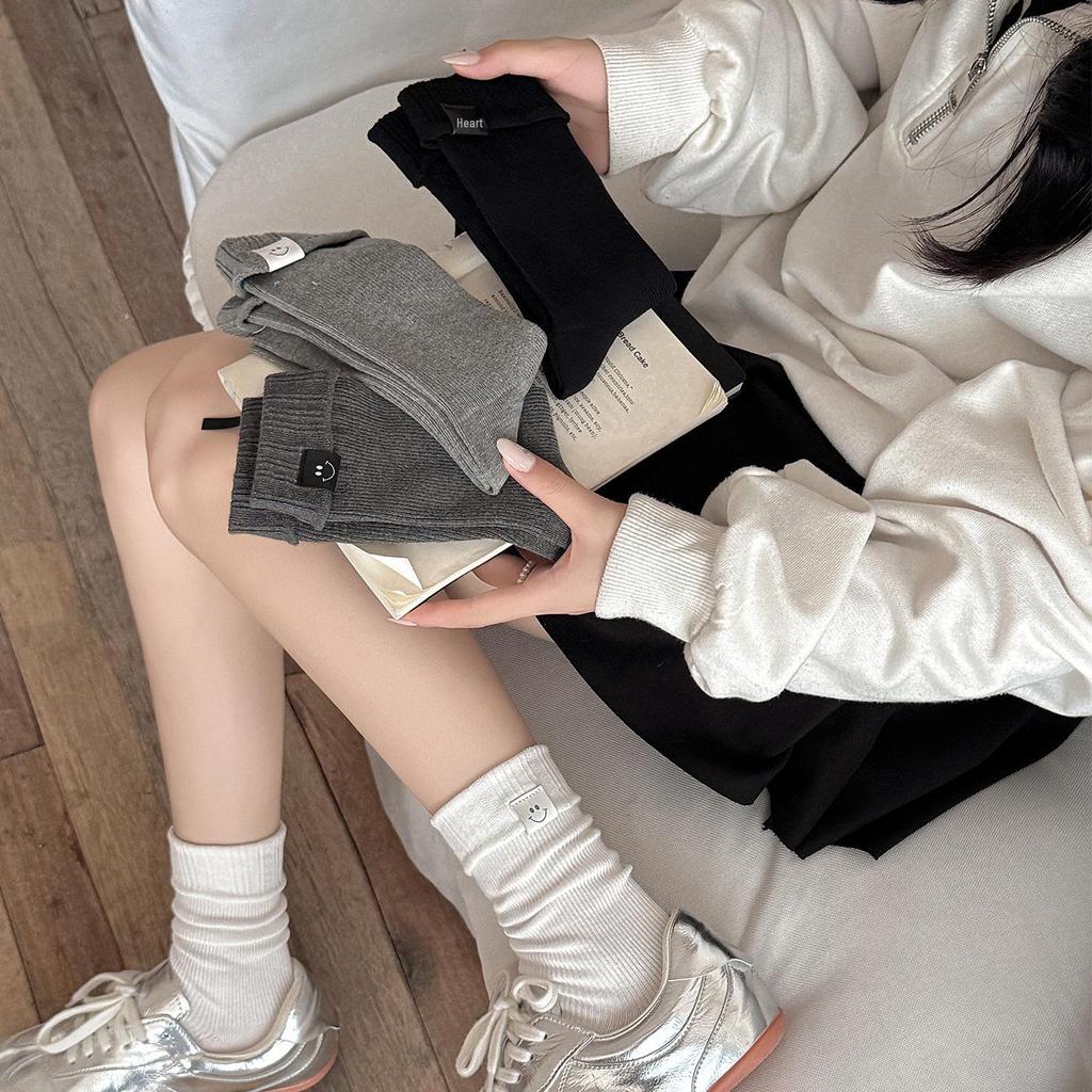 Women's Mid-Calf Fold-Over Smile Socks - Korean Style, European Trendy Autumn Winter Simple Design