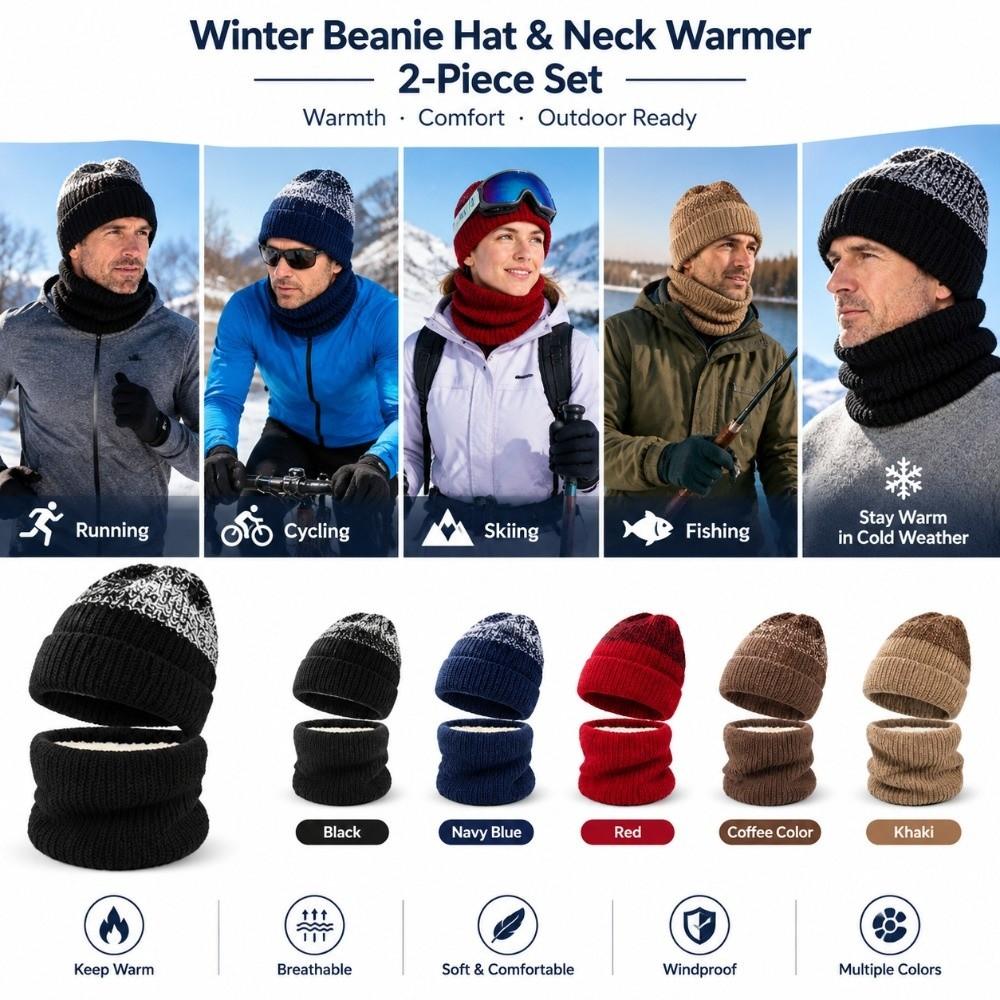 Windproof Neck Warmer Thick Knit Knit Cap Thick Winter Scarf Set Fishing