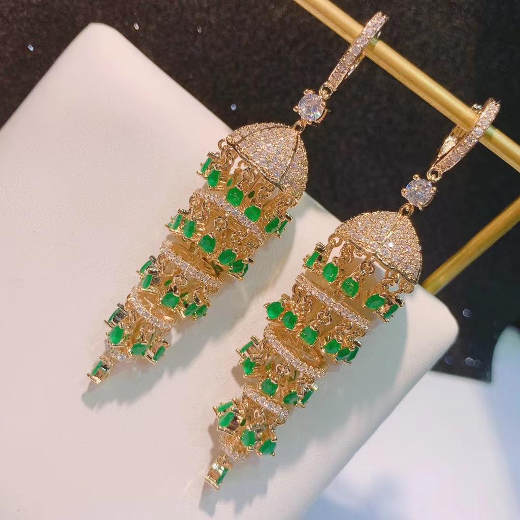 Exaggerated Luxury Full ZIRCON Long Waterdrop Chain Tassel Lantern Earrings 925 Silver Needle Wind Bohemia Ethnic Jewelry