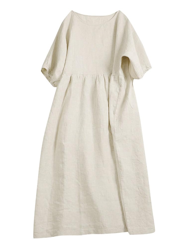 Minesam Summer Long Short Sleeve Cute and Dress for and Fall Women's Cotton-Linen Dress, Dress, Dress, Figure-Flattering Spring, Summer, (01 Beige,