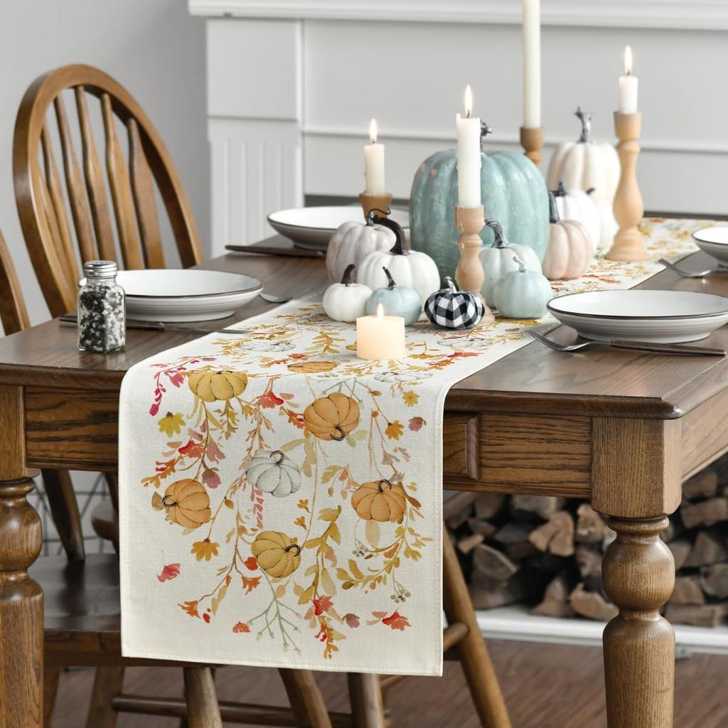 Artoid Mode Wildflowers Bloom Floral Pumpkin Leaves 210 GSM Fall Table Runner, Seasonal Autumn Kitchen Dining Table Decoration for Home Party Decor