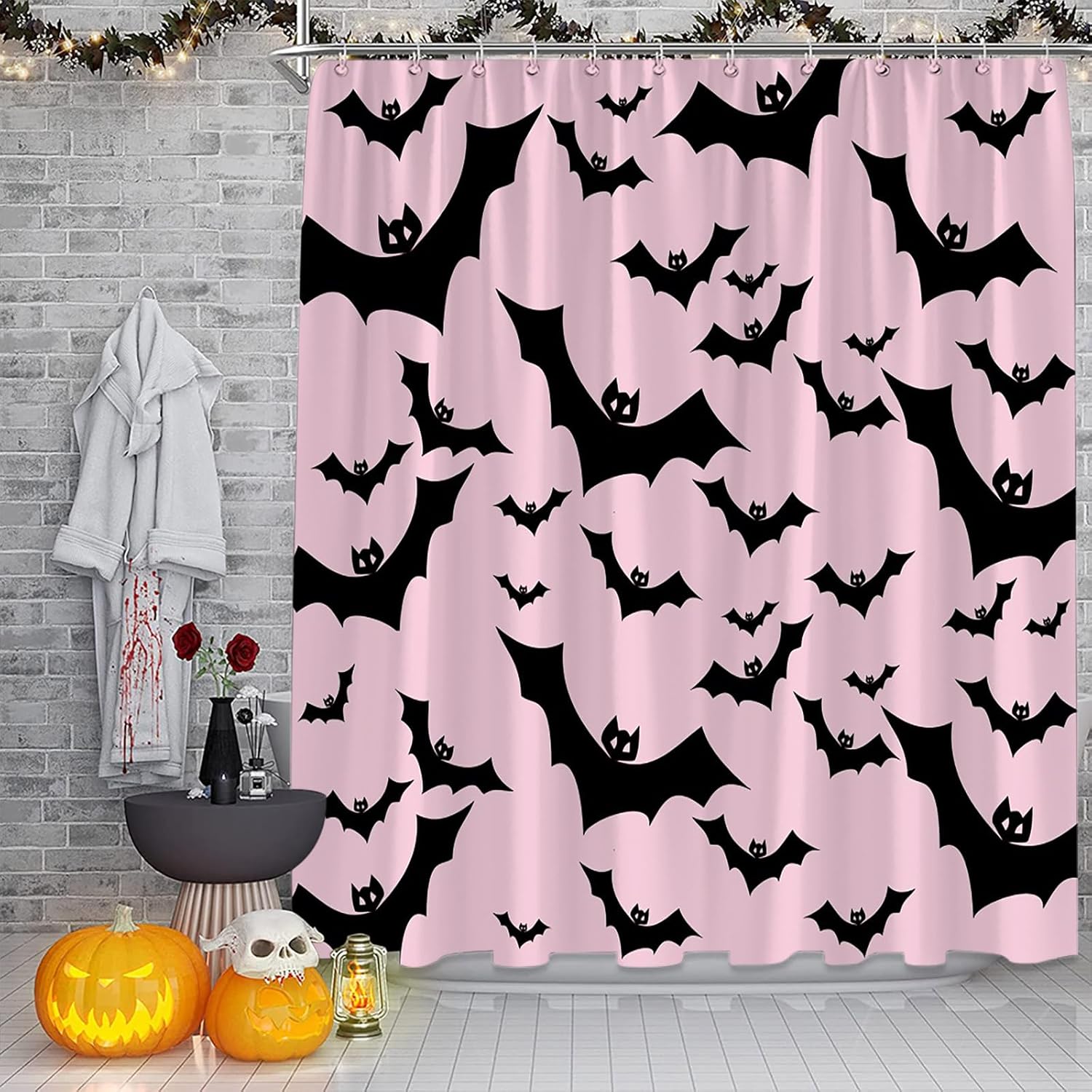 Tonnika Chen Black/Pink Spooky Halloween Shower Curtain Gothic Horror Halloween Bats Funny Happy Holiday Fabric Bathroom Decor Curtain