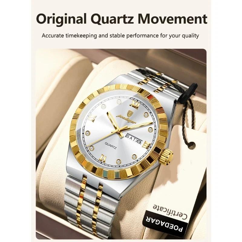 POEDAGAR Luxury Business Male Watch Waterproof Luminous Week Date Wristwatch Stainless Steel Trendy Quartz Watches for Men