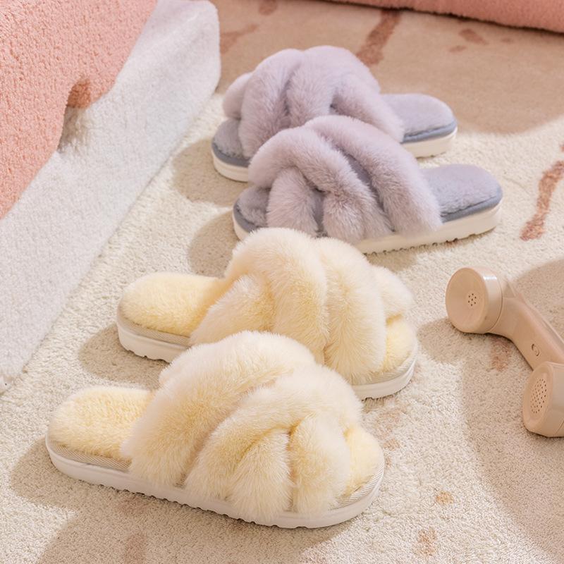 Women Fluffy Slippers Winter Warm Plush Slipper Cross Straps Fur Slipper Winter Warm Home Slippers for Women Flat Cotton Slides