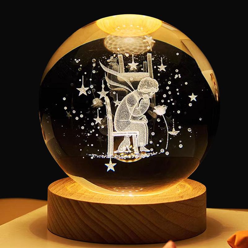 8cm Crystal Ball Night Light Galaxy 3D Laser Engraved Ornament Wooden Galaxy Night Lamp