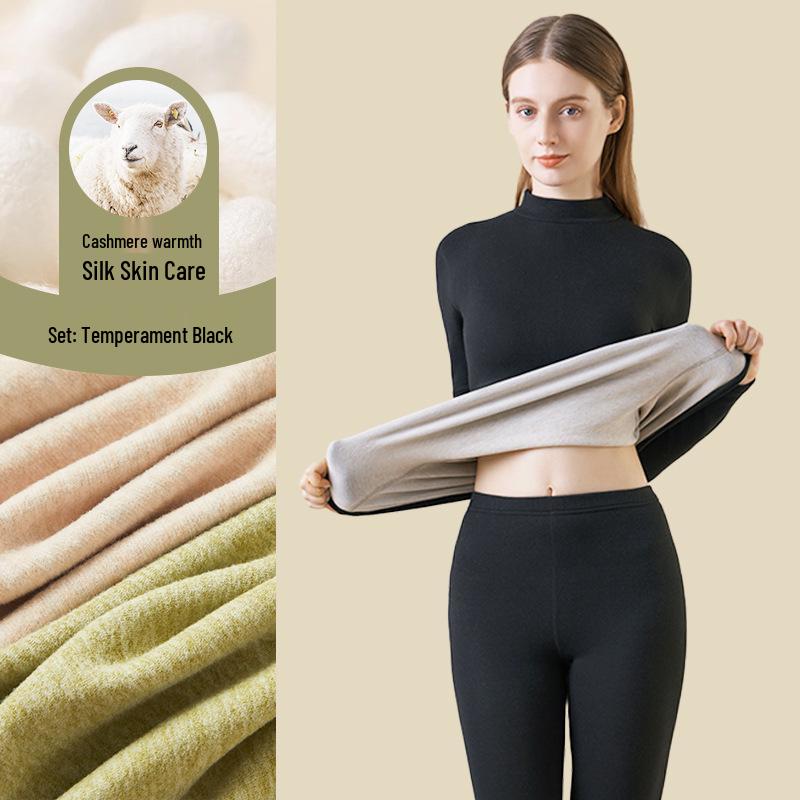Women's Cashmere Silk Thermal Underwear Set: Seamless Autumn/Winter Top and Bottoms with Thickened Velvet