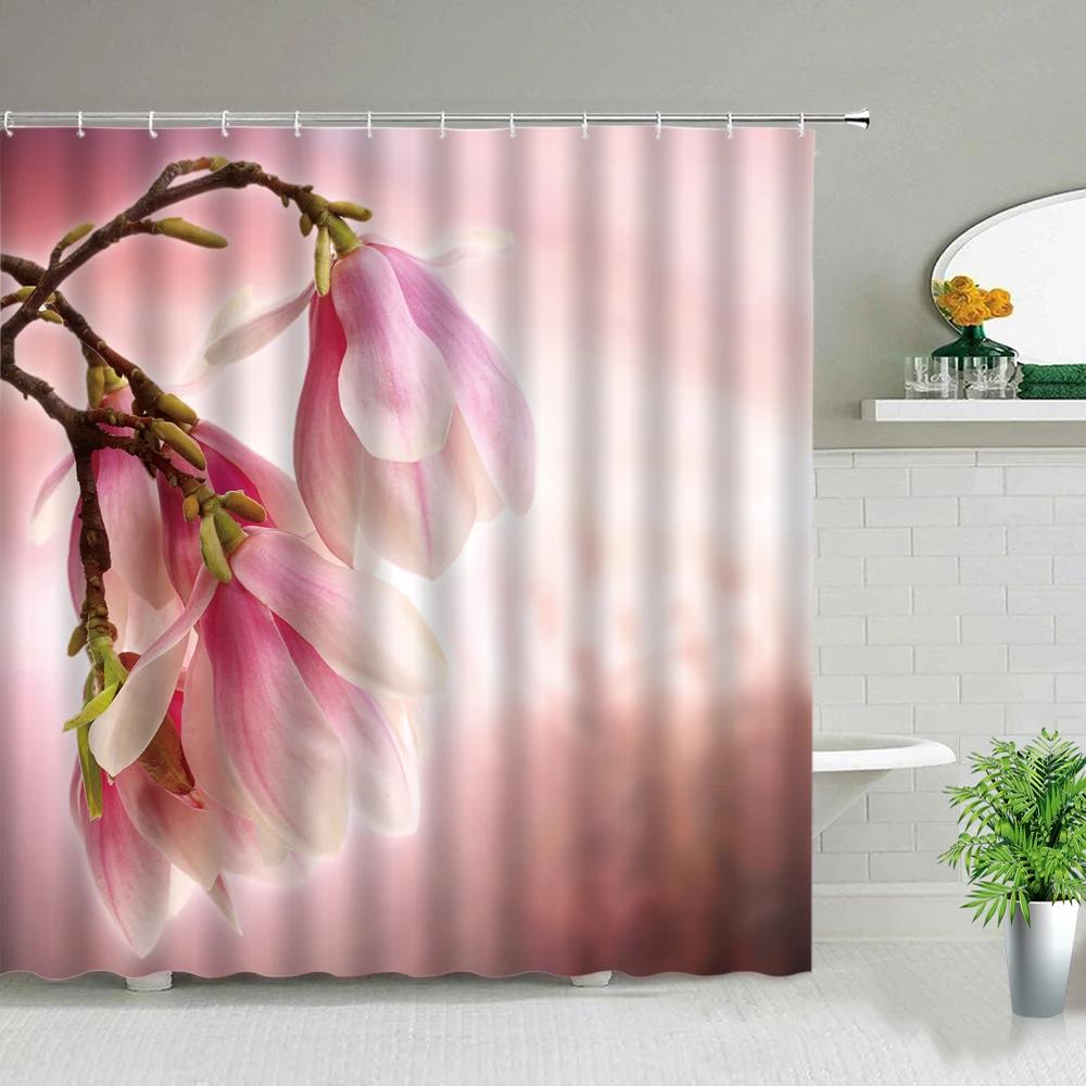 Pink Flower Plant Scenery Shower Curtains Rose Tulip Butterfly Spring Landscape 3d Printing Bathroom Waterproof Bath Curtain Set