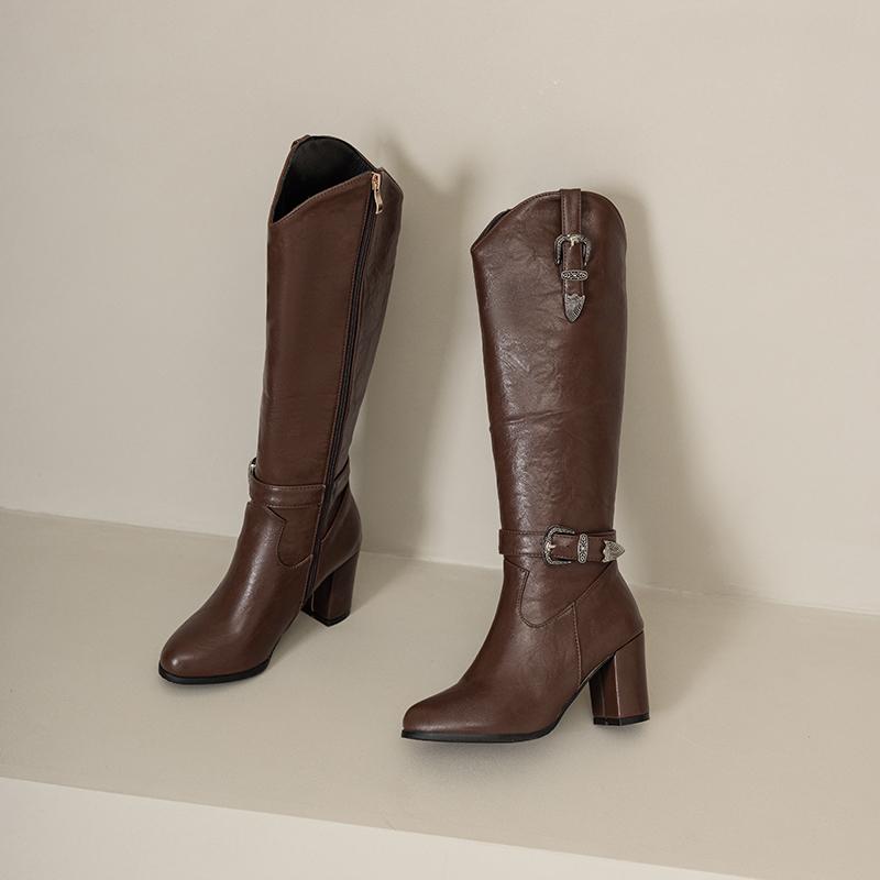 Women's high-heeled boots autumn and winter new solid-color thick-heeled boots versatile large-size Roman medium boots