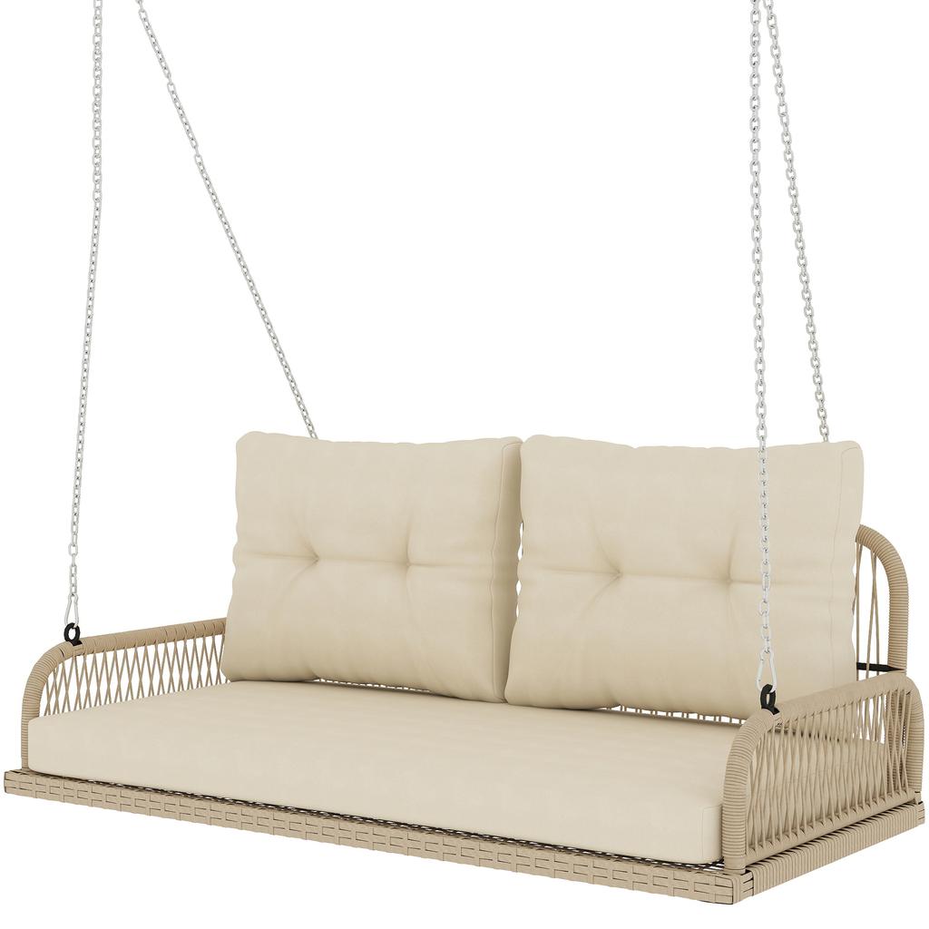 Hollywood Swing 2-Seater, Rattan Garden Swing with Cushions, Chains, Up To 240 Kg, 115 X 66 X 44 Cm, Beige