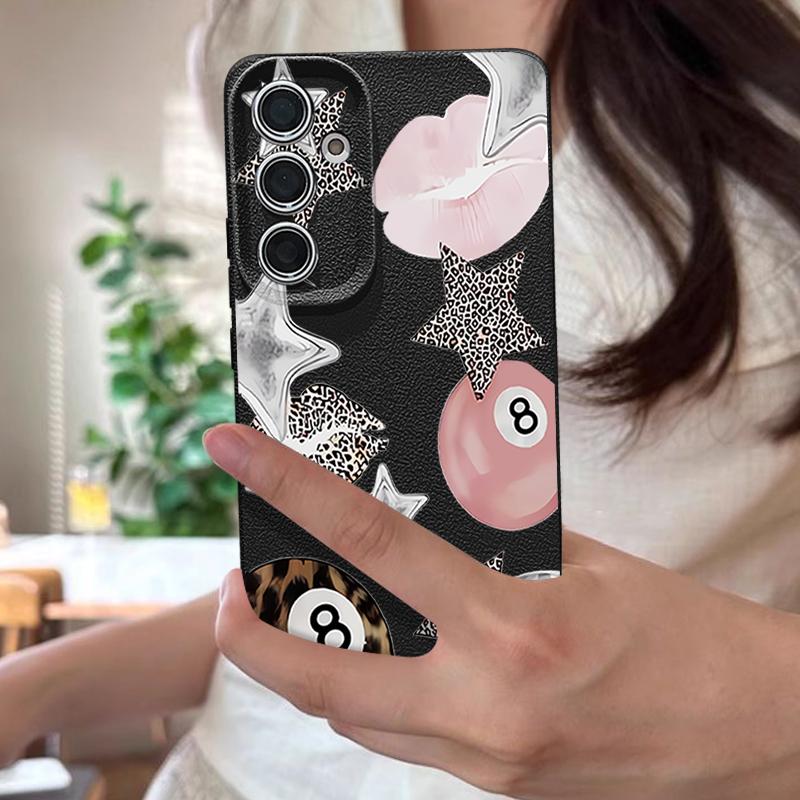 Vintage Leopard Print Stars Billiards Case For Samsung Galaxy S25 Edge S24 Ultra S23 S22 Plus S21 FE S26 Ultra Leather Texture Silicone Cover