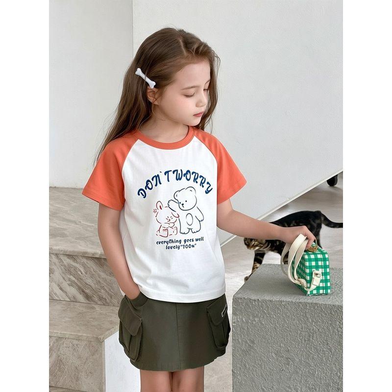 Foreign Trade Children's Clothing 2026 Summer New Style Girls' Cartoon Bear Korean Style Half-Sleeve Top Pure Cotton Round Neck Short-Sleeve T-Shirt