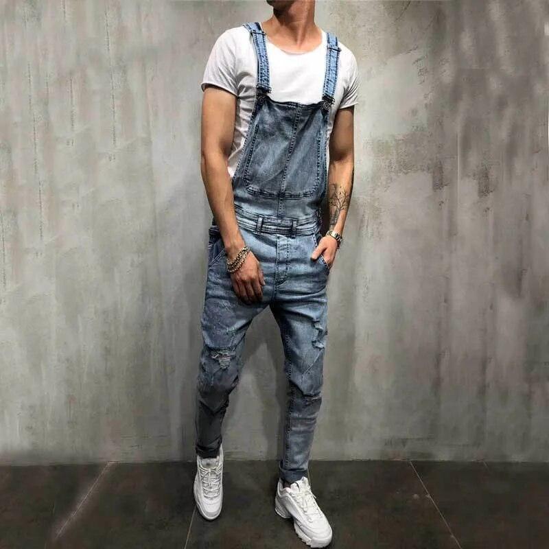Tute da Lavoro Biker Eleganti da Uomo Salopette Jeans Tuta Jeans Uomo Streetwear Casual Elasticizzate Strappate Salopette Jeans con Bretelle Maschili