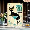 Black Cat Metal Wall Decor Sign, Retro 2D Flat Iron Wall Art with Martini Glass & Teal Geometric Background, Vintage Gothic Home
