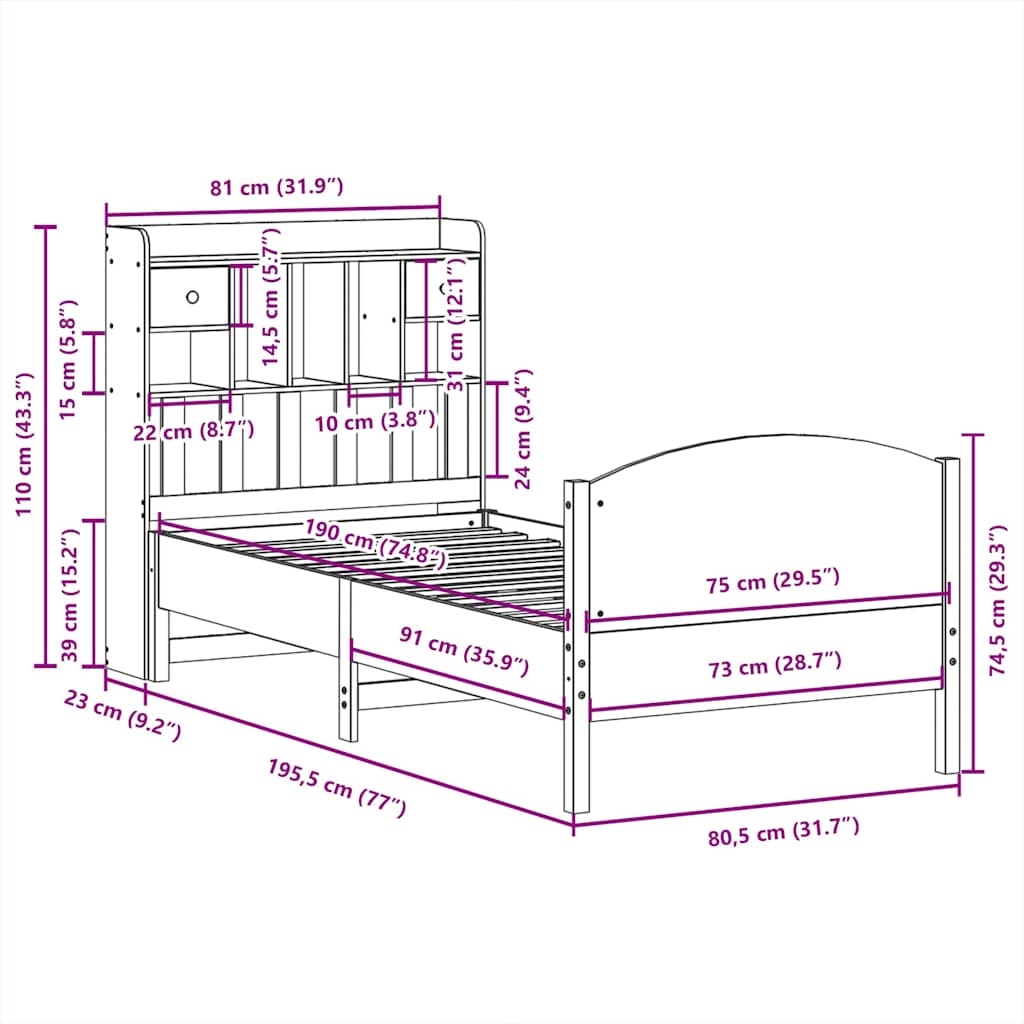 Solid Wood Bed with Shelf Without Mattress Wax Brown 75 x 190 cm