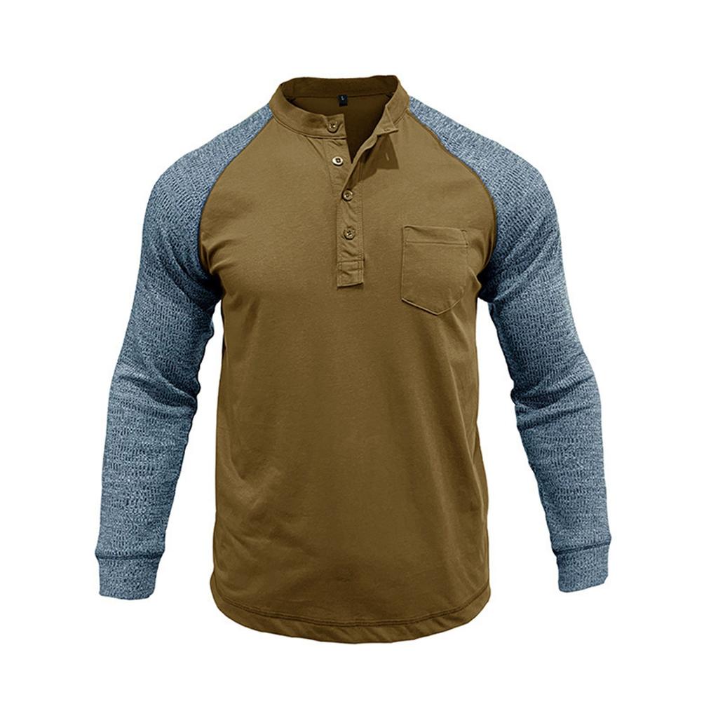 Men's Spring Autumn Henry Collar Tshirt Fashion Contrast Long Sleeve T-Shirt Casual Long Sleeve Tees Tops