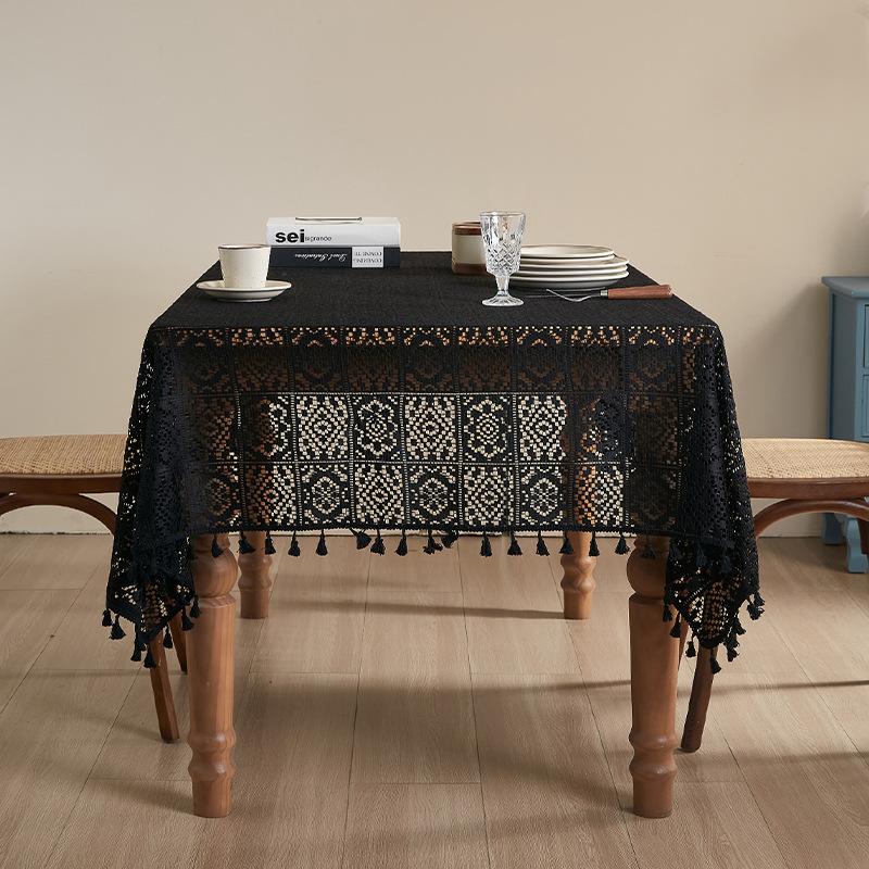 Elegant Black Lace Tablecloth - Durable Polyester, Solid Color, Versatile Shape for Thanksgiving & Holiday Decor, Easy Care, Square Shape