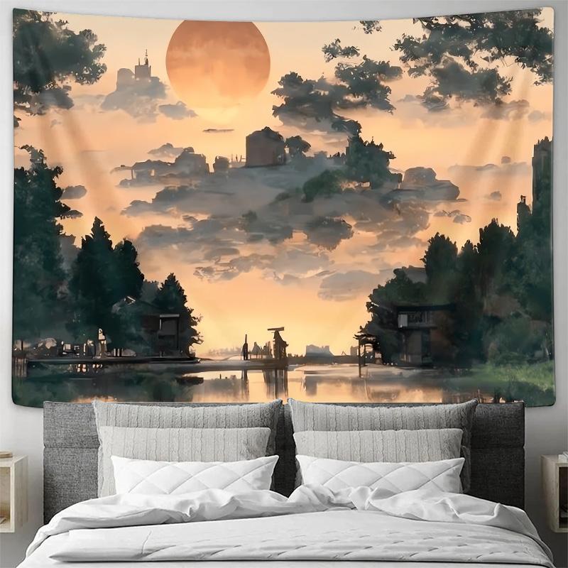 Enchanted Lakeside Sunset Landscape Hanging Cloth  Romantic and Aesthetic Home Decor Wall Tapestry