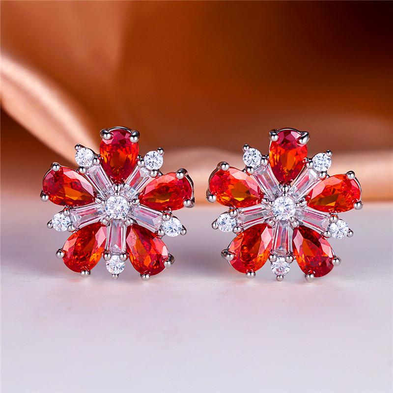 Female Crystal Green Stone Flower Stud Earrings Vintage Silver Color Wedding  For Women