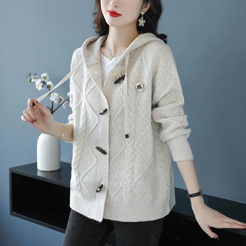 

Вязаный кардиган-свитер женский весенне-осенний с длинным рукавом, свободный, с капюшоном, повседневный, куртка-свитер, женский трикотаж XS бежевый