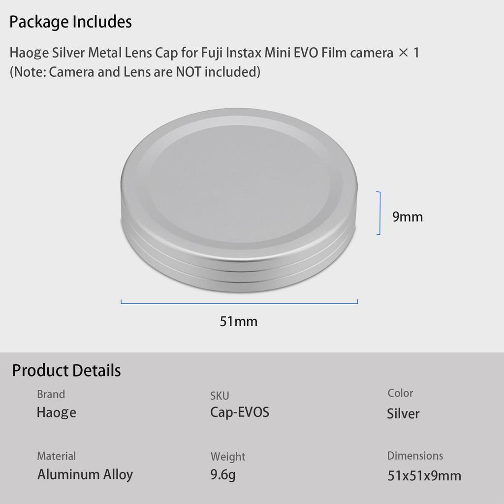 Haoge Metal Lens Cover Fujifilm Instax Mini Evo Film Photo Camera Accessories Lens Silver Cap,
