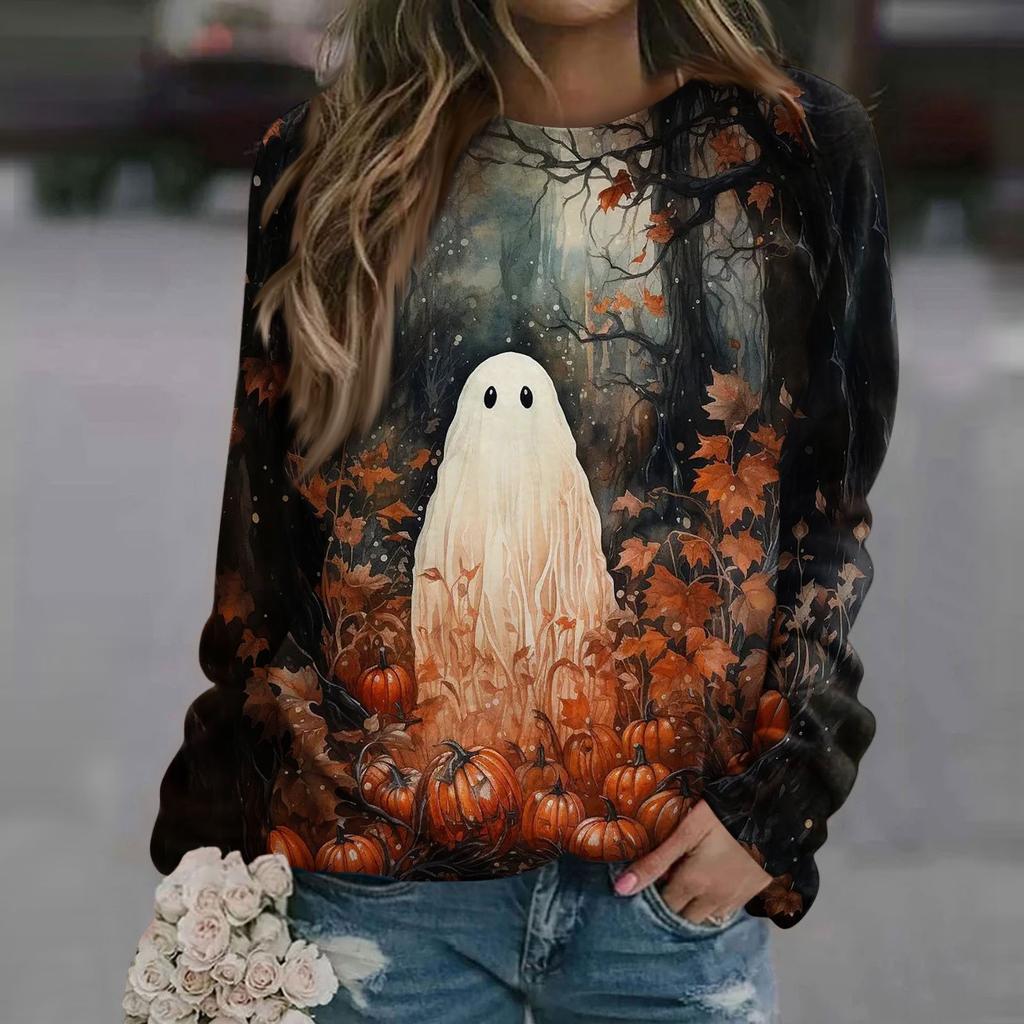 Halloween ghost pattern T-shirt, fashionable casual women's long-sleeved top