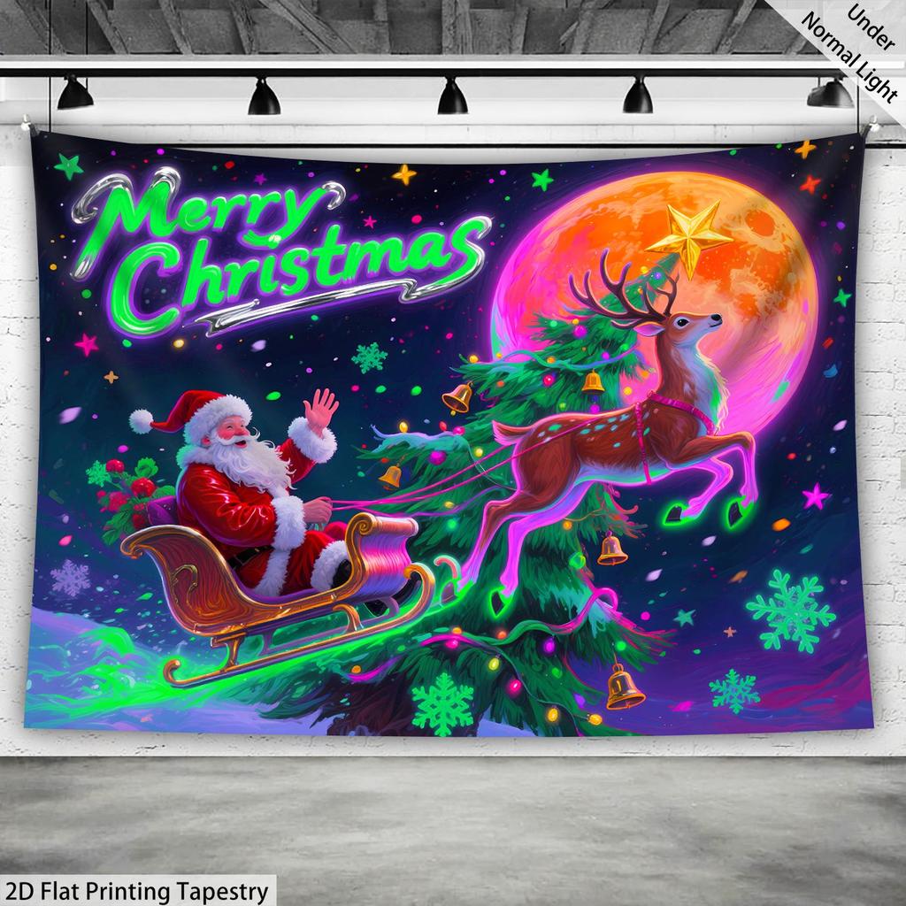 Christmas Dark Santa Reindeer Fluorescent Tapestry Outer Space UV BlackLight Tapestry, Wall Hanging For Living Room Bedroom Office Home Decor