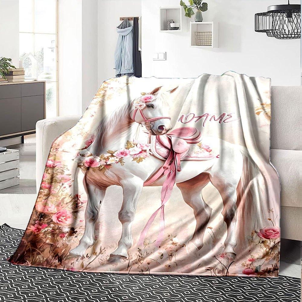 Floral Horse Art Home Customize Your Name Blankets Comfortable Soft Lightweight All Season Versatile Blanket Perfect For Picnic Sofa Office Bed Living