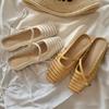 Summer Square Head Woven Coarse Heel Baotou Mary Jane Slippers Women's Half-drag Sandals
