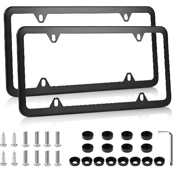 License Plate Frames Black, 2Pcs 4 Holes License Plate Holders, Stainless Steel License Plate Frame, Car License Plate Covers For US Vehicles