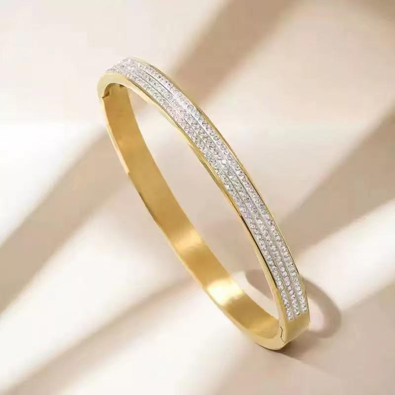 European & American Titanium Steel Hollow Electroplated Bangle with Diamonds - Versatile Stainless Steel Women's Fashion Jewelry