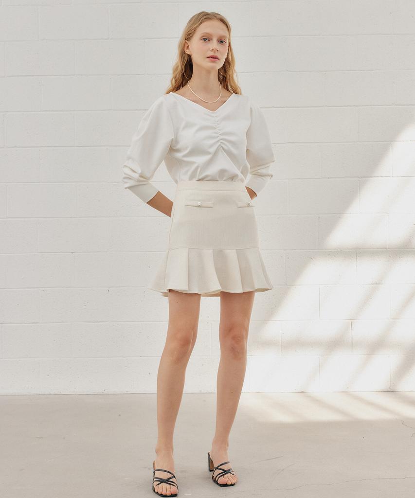 Yeoppe Tweed Shirring Skirt_Ivory