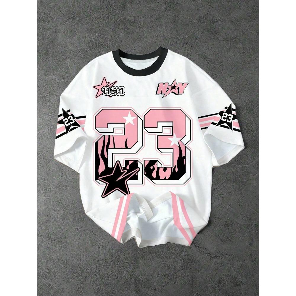 Women's Summer Minimalist Crew Neck Short-Sleeve Loose Casual Sports Printed Jersey T-Shirt
