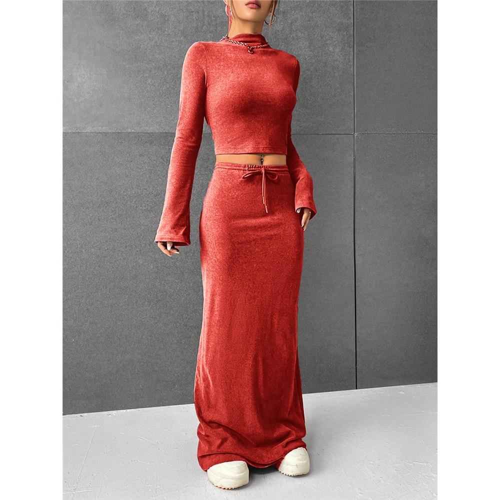 Women's skirt set solid color long sleeve round neck T-shirt long skirt two-piece set