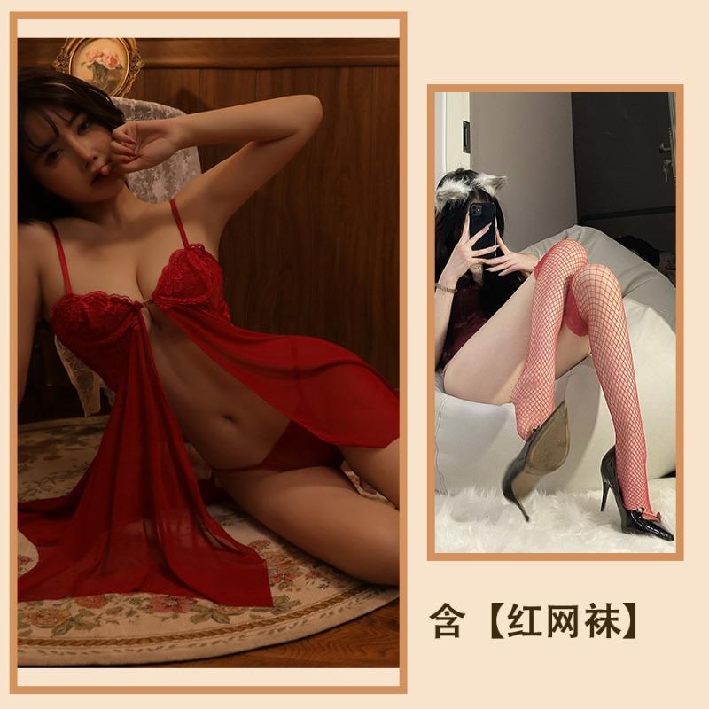 Sexy lingerie front buckle mesh perspective temptation pajamas split suspender free nightdress