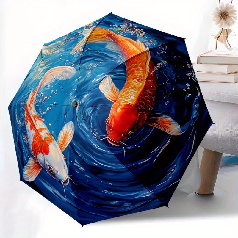 

1pc Automatic Open/Close Umbrella with Koi Fish Swimming Design - Compact Travel Umbrella, Portable Folding Parasol for Women/ Iron&8K