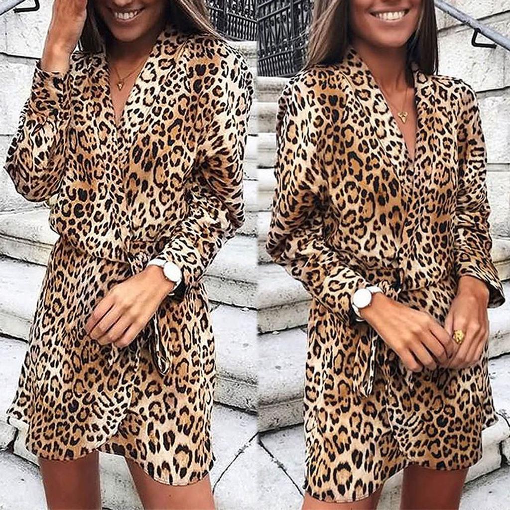 Women Slim Long Sleeve Leopard Printing V-Neck Bandage Irregular Dress