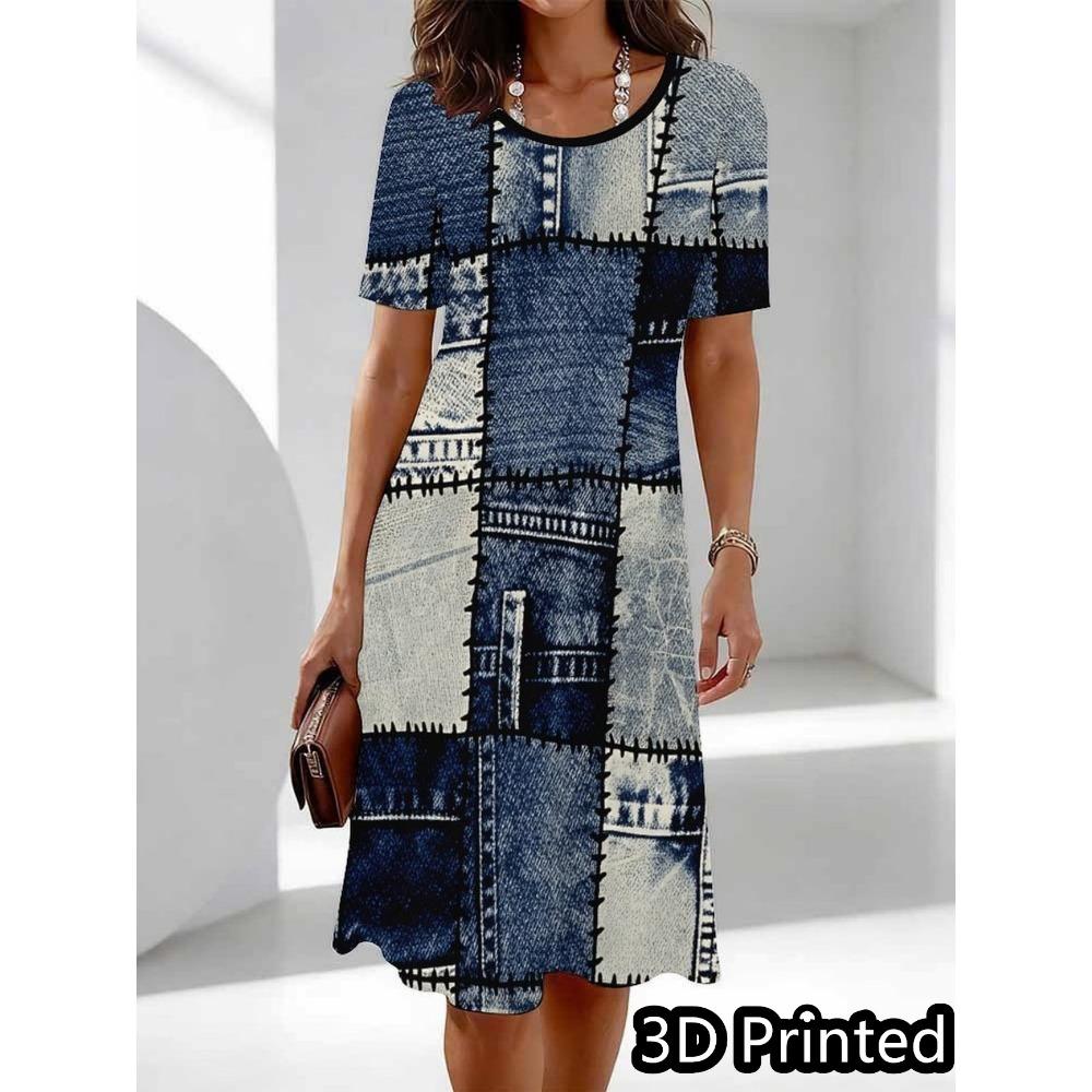 Big Size S-6XL Women's Printed Dress Summer Short Sleeve Round Neck Casual Mini Dress