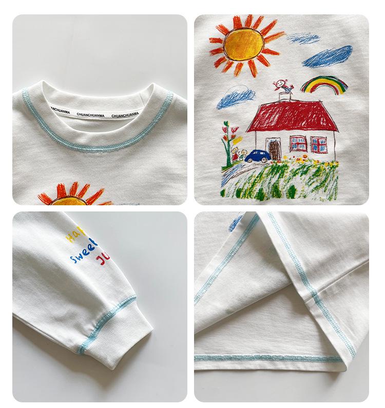 Nausicaa Spring 2025 Kids' Hand-Painted Korean-Style Cotton T-Shirt - Cute Long Sleeve for Boys & Girls