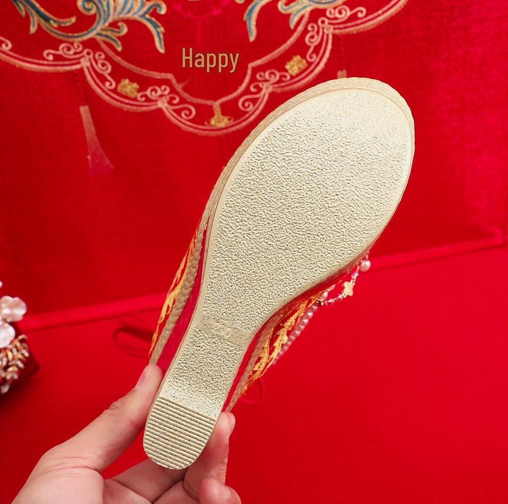 Show He Women's Spring Pearl Tassel High Heel Bridal Embroidered Shoes