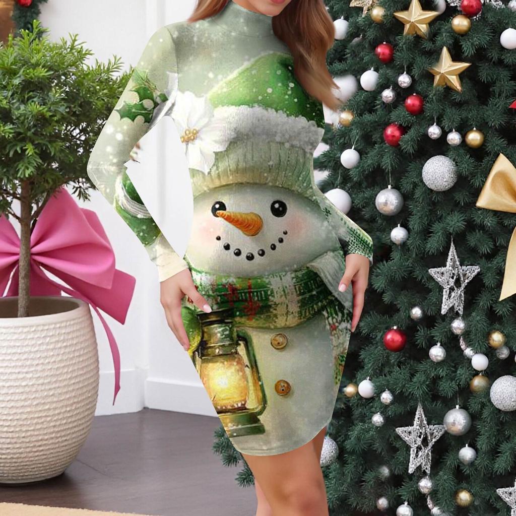 Women's High-Neck Casual Long-Sleeved Printed Slim-Fit Dress