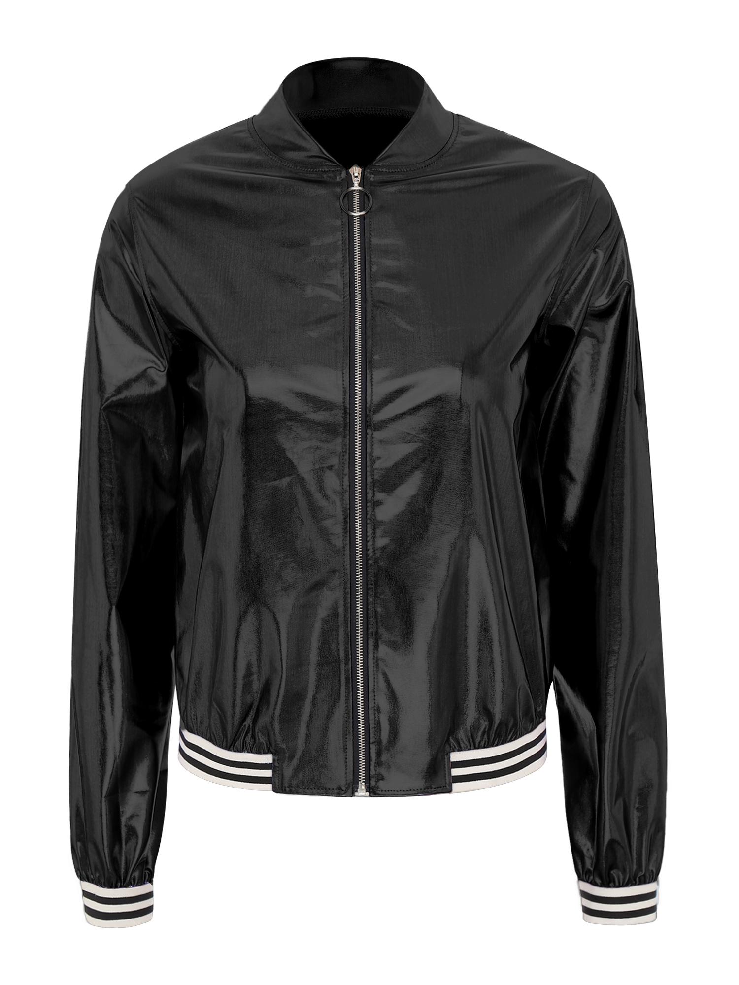 

Жіноча голографічна бомбер-куртка з металевим блискучим довгим рукавом, блискавкою спереду, смугастою бейсбольною стрічкою S чорний