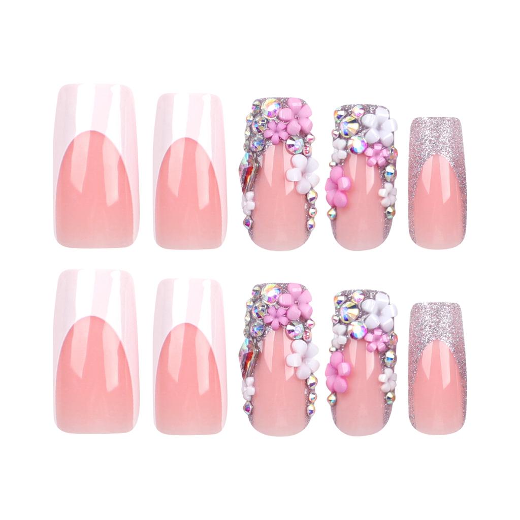 24 Pieces European and American Hot Girls Wear Nail Nail Pieces Medium and Long Flower White Edge Nail Piece Nail Piece Nail Piece Sticker Nail Piece
