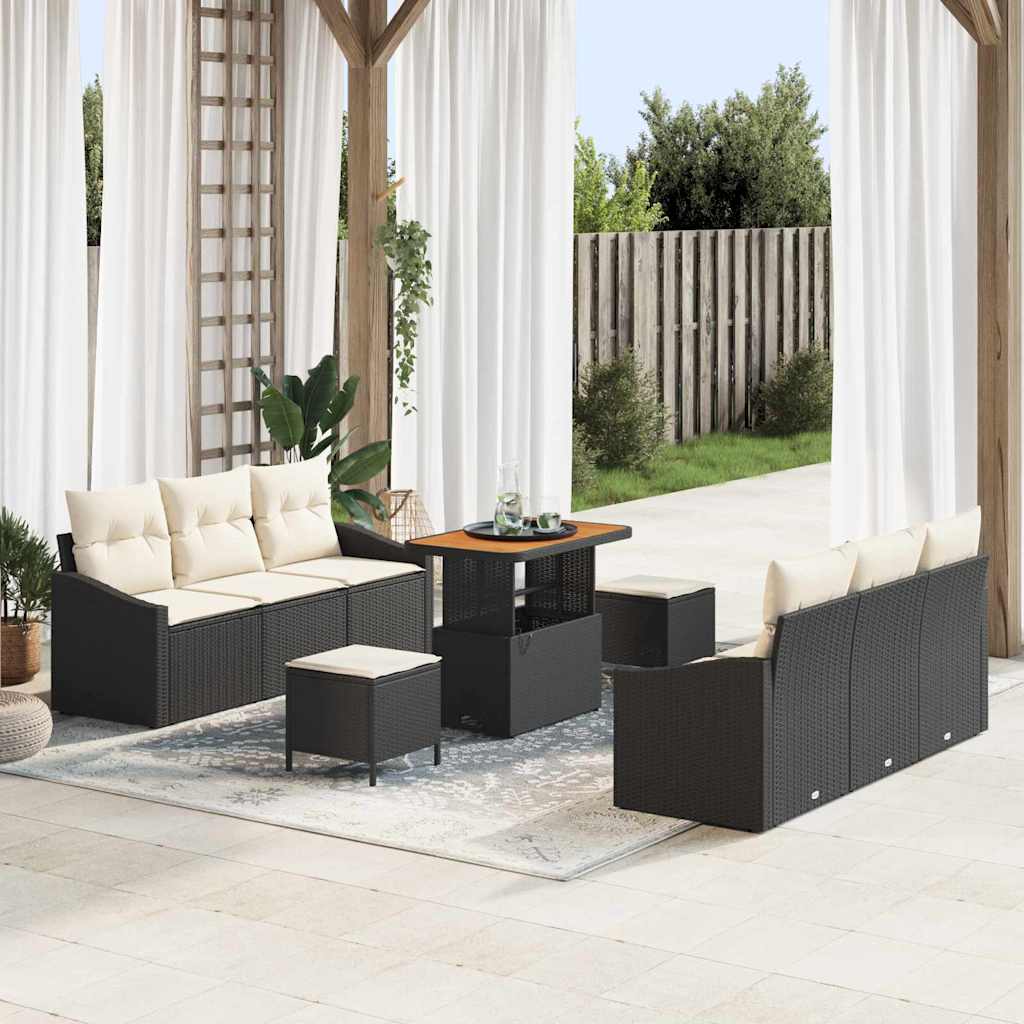 9 Piece Black Garden Sofa Set with Cushions