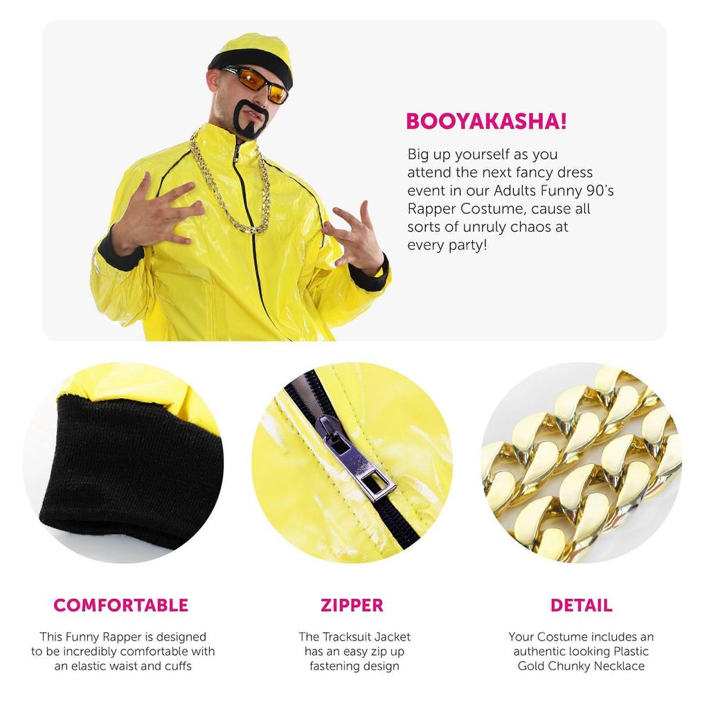 Costume Rapper Celebrità Anni '90 Hiphop Completo Giallo con Cappello, Occhiali da Sole, Catena d'Oro e Pizzetto - Divertente Costume da Rapper per Halloween, Addio al Celibato